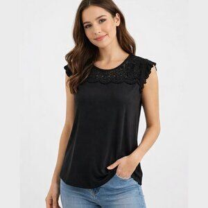 LOFT Sleeveless Top XS Black Lace Yoke Flutter Sleeve Blouse Romantic Goth Shirt